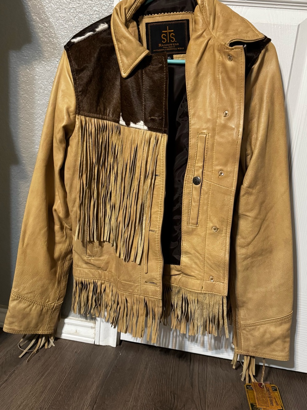 STS Ranchwear Tan and Brown Leather Fringe Jacket with Cowhide Accent